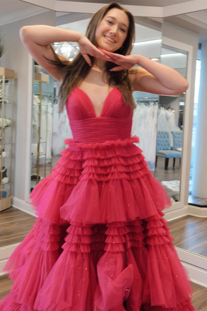 Pink Tiered Ruffle Long Ball Gown with Straps