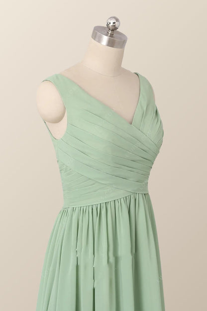 Pleated V Neck Mint Green Chiffon Bridesmaid Dress