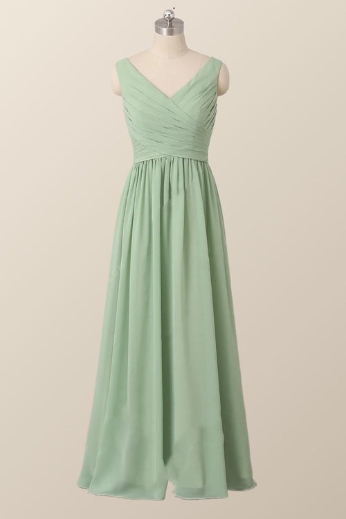 Pleated V Neck Mint Green Chiffon Bridesmaid Dress