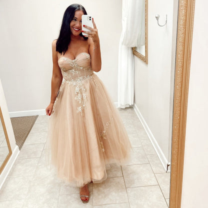 Sweetheart Champagne Tulle Tea Length Dress with Gold Sequins
