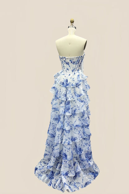 Sweetheart Blue Floral Corset A-line Ruffle Gown