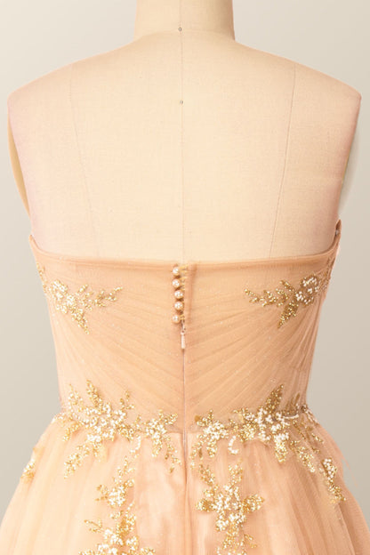 Sweetheart Champagne Tulle Tea Length Dress with Gold Sequins