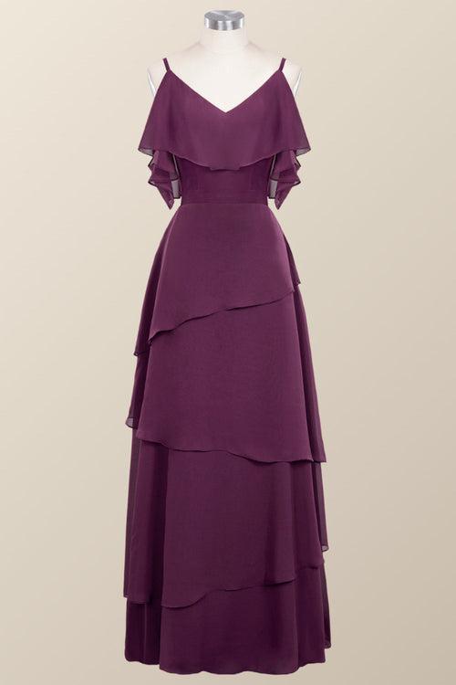 Straps Grape Chiffon Tiered Ruffle Bridesmaid Dress