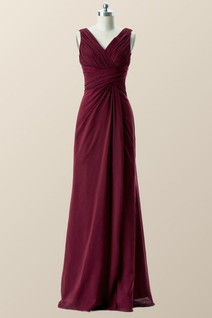 Pleated Burgundy Chiffon Long Bridesmaid Dress