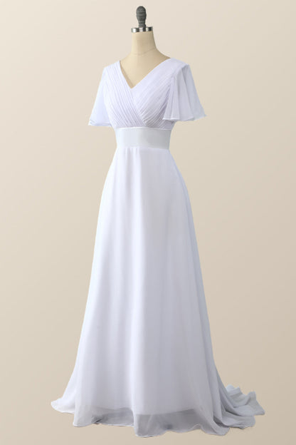 Pleated Pink Flare Sleeves Chiffon Long Bridesmaid Dress