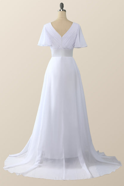 Pleated Pink Flare Sleeves Chiffon Long Bridesmaid Dress