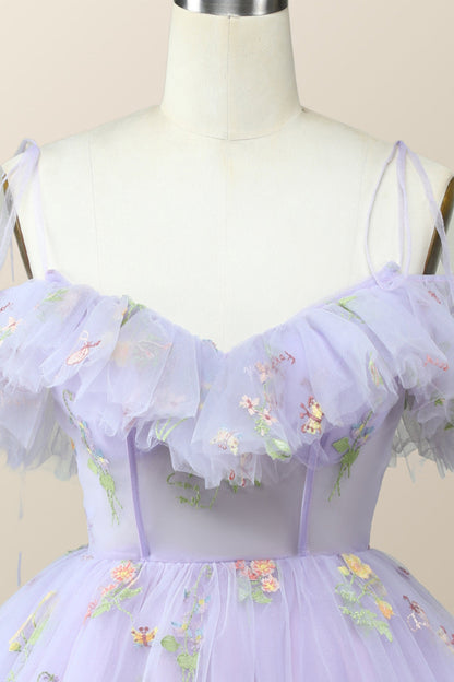 Straps Lavender Floral A-line Short Homecoming Dress