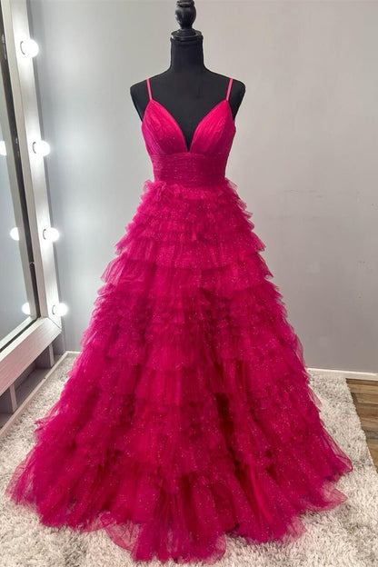 Pink Tiered Ruffle Long Ball Gown with Straps