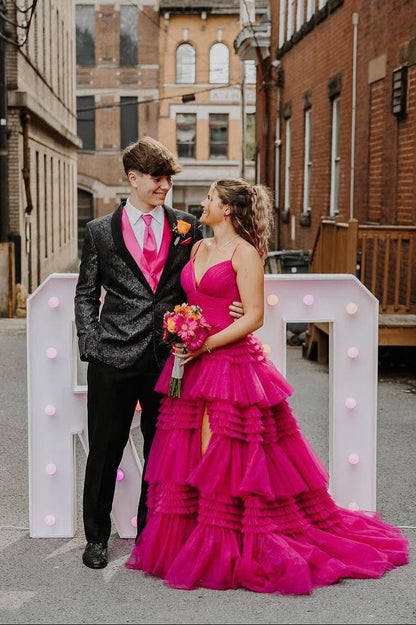 Pink Tiered Ruffle Long Ball Gown with Straps