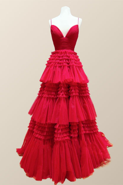 Pink Tiered Ruffle Long Ball Gown with Straps