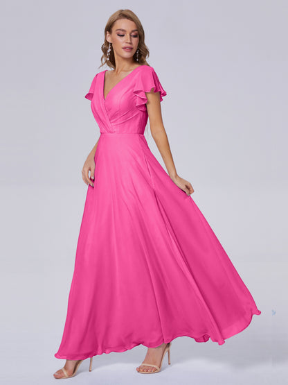 Genevieve V Neck Chiffon Long Bridesmaid Dresses with Sleeves