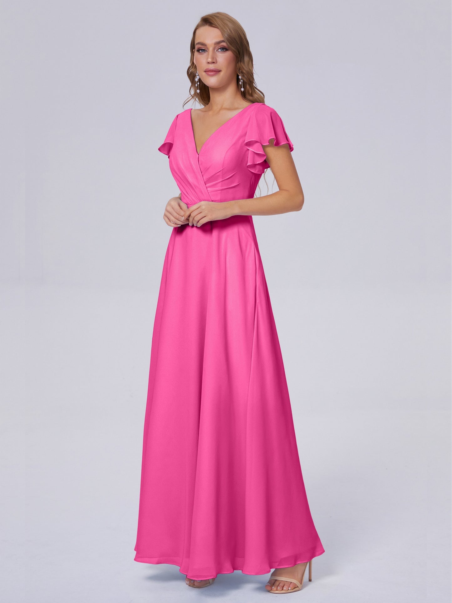 Genevieve V Neck Chiffon Long Bridesmaid Dresses with Sleeves