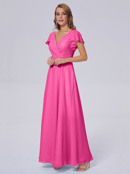 Genevieve V Neck Chiffon Long Bridesmaid Dresses with Sleeves