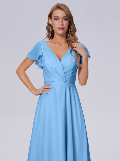 Genevieve V Neck Chiffon Long Bridesmaid Dresses with Sleeves