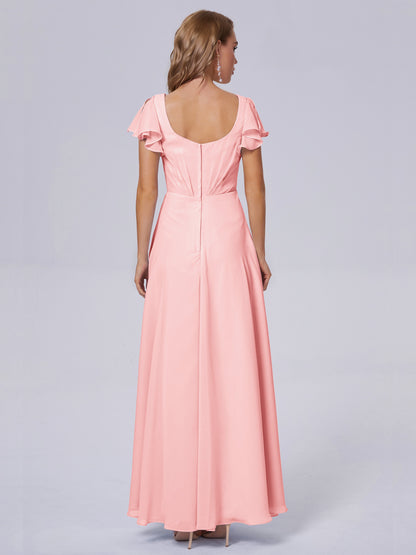 Genevieve V Neck Chiffon Long Bridesmaid Dresses with Sleeves