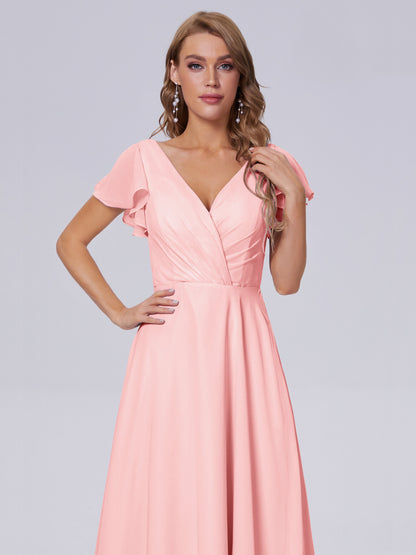 Genevieve V Neck Chiffon Long Bridesmaid Dresses with Sleeves