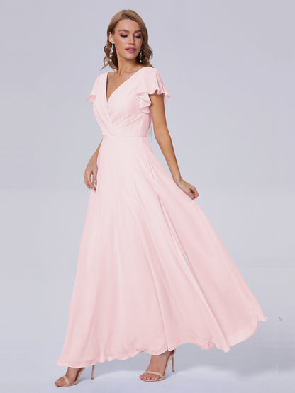 Genevieve V Neck Chiffon Long Bridesmaid Dresses with Sleeves