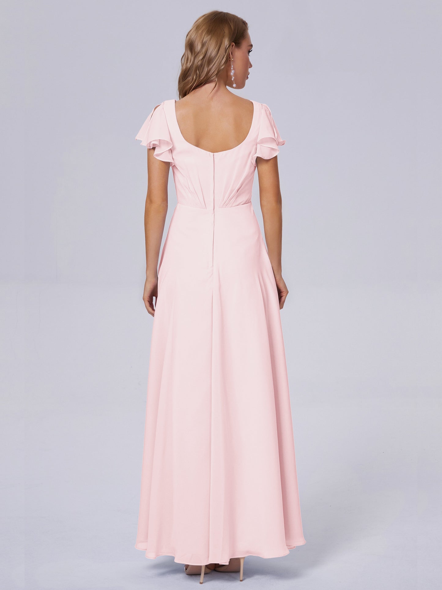 Genevieve V Neck Chiffon Long Bridesmaid Dresses with Sleeves