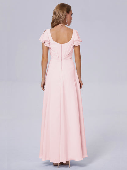Genevieve V Neck Chiffon Long Bridesmaid Dresses with Sleeves