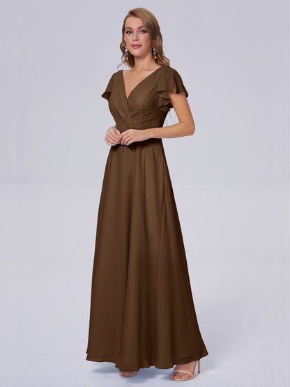 Genevieve V Neck Chiffon Long Bridesmaid Dresses with Sleeves