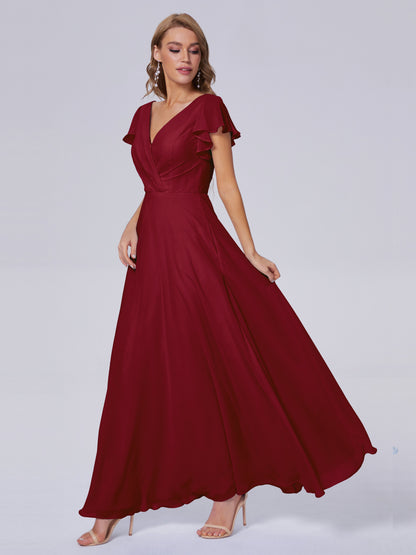 Genevieve V Neck Chiffon Long Bridesmaid Dresses with Sleeves