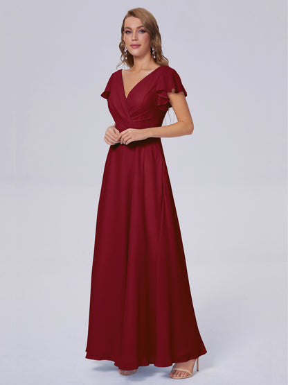 Genevieve V Neck Chiffon Long Bridesmaid Dresses with Sleeves