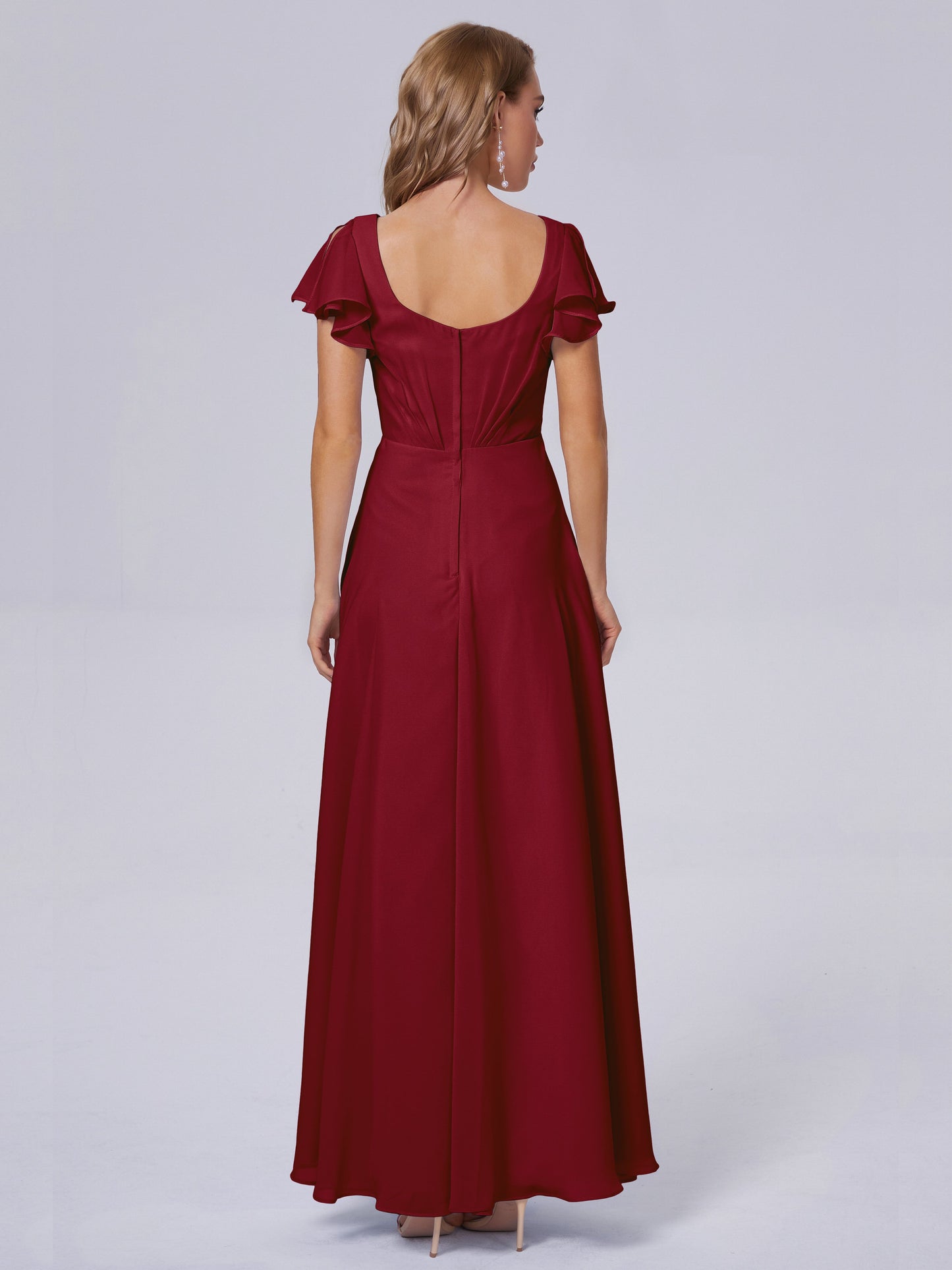 Genevieve V Neck Chiffon Long Bridesmaid Dresses with Sleeves