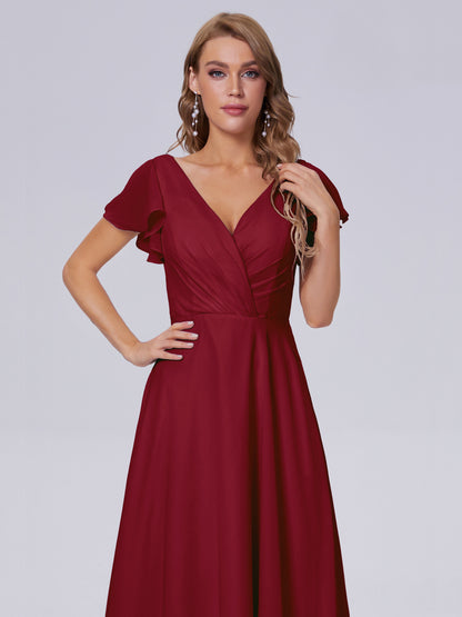 Genevieve V Neck Chiffon Long Bridesmaid Dresses with Sleeves