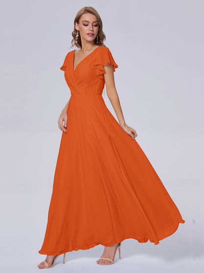 Genevieve V Neck Chiffon Long Bridesmaid Dresses with Sleeves