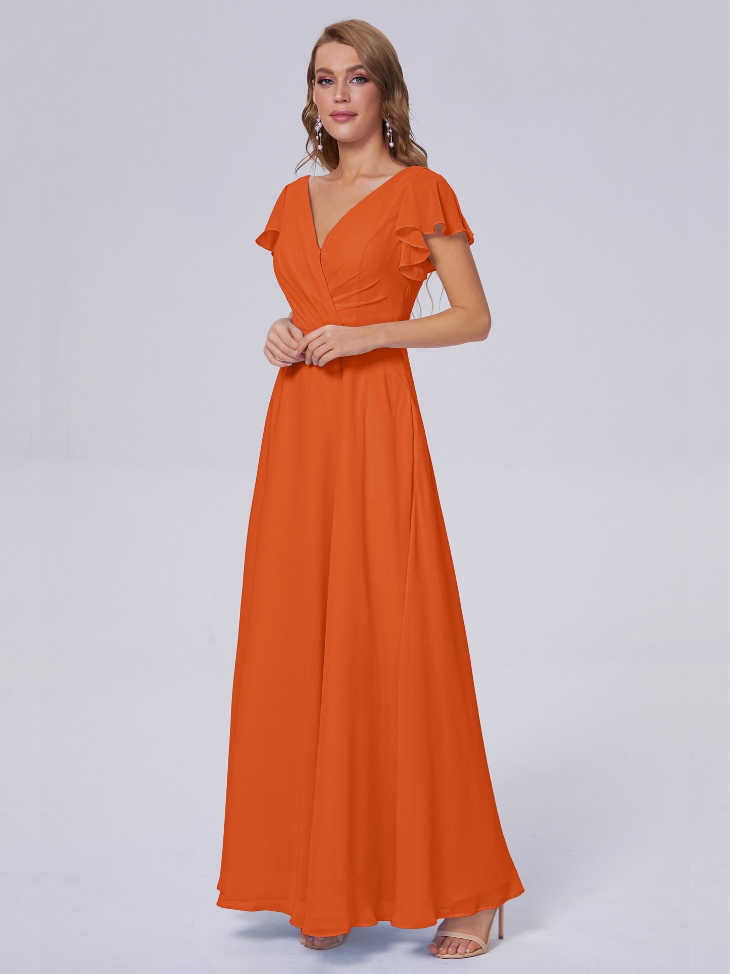 Genevieve V Neck Chiffon Long Bridesmaid Dresses with Sleeves
