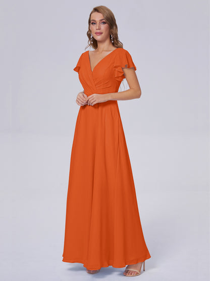Genevieve V Neck Chiffon Long Bridesmaid Dresses with Sleeves