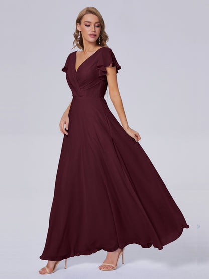 Genevieve V Neck Chiffon Long Bridesmaid Dresses with Sleeves