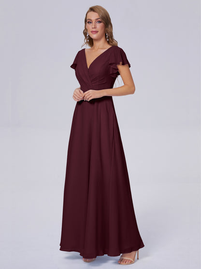 Genevieve V Neck Chiffon Long Bridesmaid Dresses with Sleeves