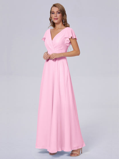 Genevieve V Neck Chiffon Long Bridesmaid Dresses with Sleeves