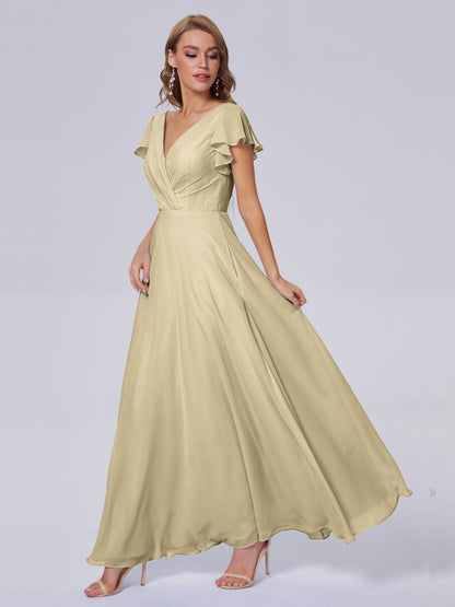 Genevieve V Neck Chiffon Long Bridesmaid Dresses with Sleeves