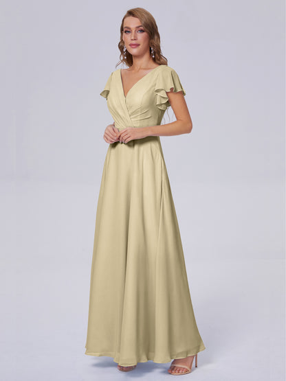 Genevieve V Neck Chiffon Long Bridesmaid Dresses with Sleeves