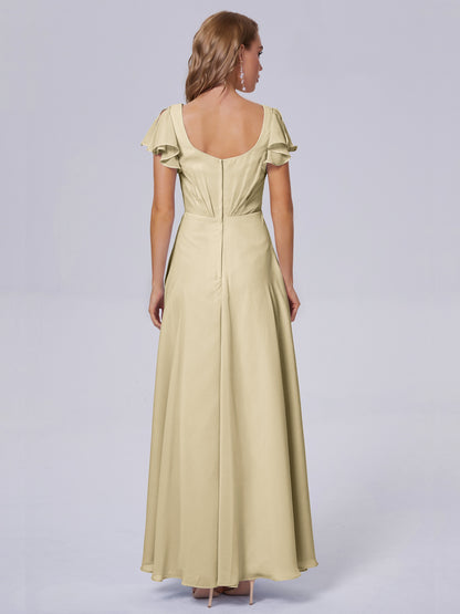 Genevieve V Neck Chiffon Long Bridesmaid Dresses with Sleeves