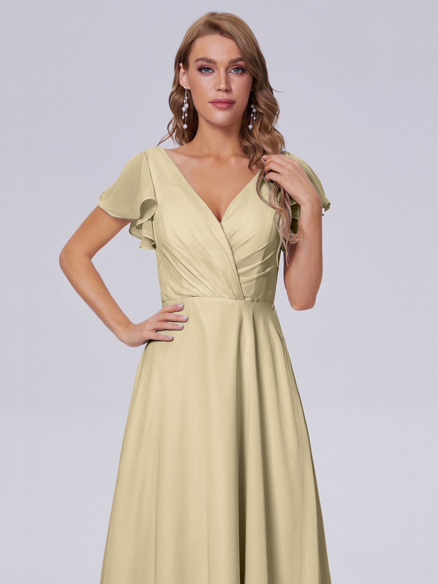 Genevieve V Neck Chiffon Long Bridesmaid Dresses with Sleeves