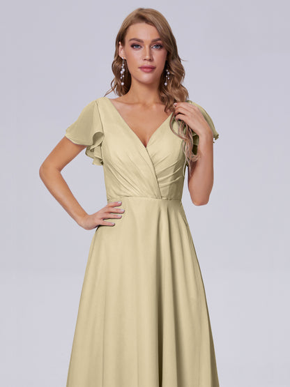 Genevieve V Neck Chiffon Long Bridesmaid Dresses with Sleeves