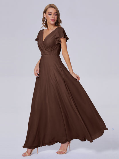 Genevieve V Neck Chiffon Long Bridesmaid Dresses with Sleeves