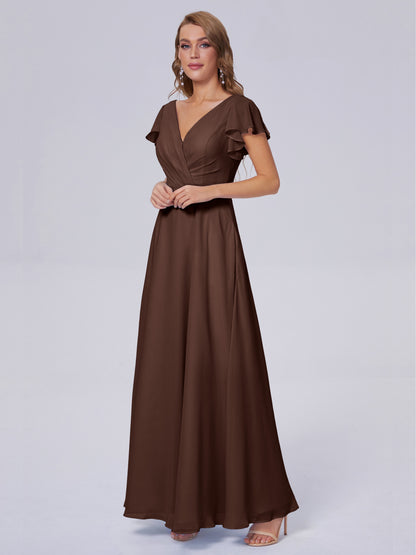 Genevieve V Neck Chiffon Long Bridesmaid Dresses with Sleeves