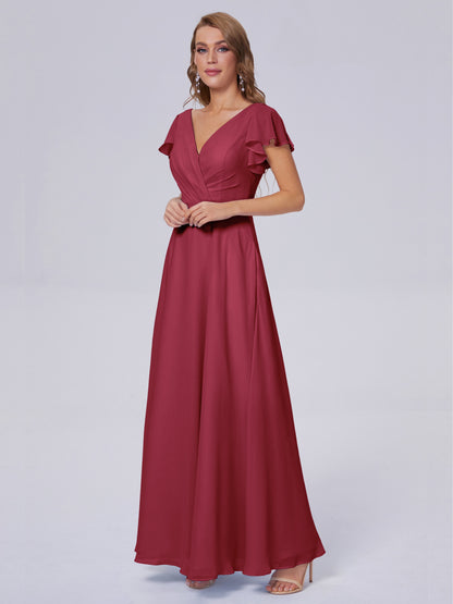 Genevieve V Neck Chiffon Long Bridesmaid Dresses with Sleeves