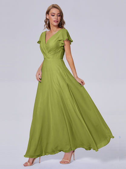 Genevieve V Neck Chiffon Long Bridesmaid Dresses with Sleeves
