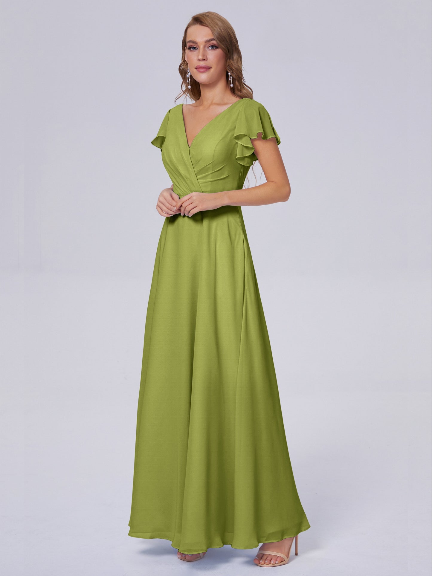 Genevieve V Neck Chiffon Long Bridesmaid Dresses with Sleeves