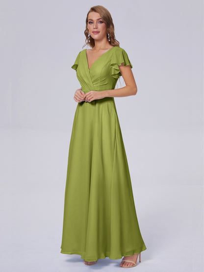 Genevieve V Neck Chiffon Long Bridesmaid Dresses with Sleeves