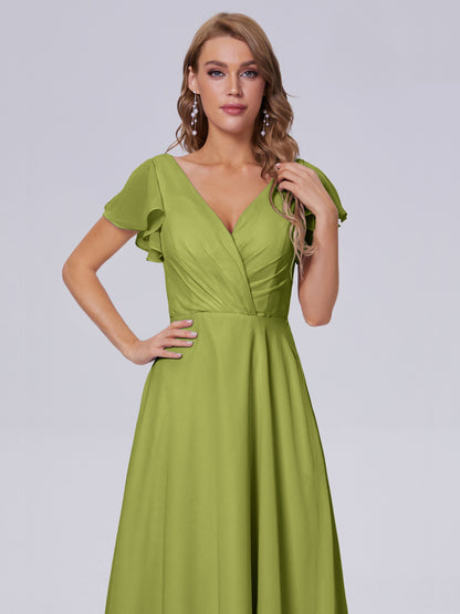 Genevieve V Neck Chiffon Long Bridesmaid Dresses with Sleeves
