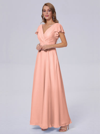 Genevieve V Neck Chiffon Long Bridesmaid Dresses with Sleeves