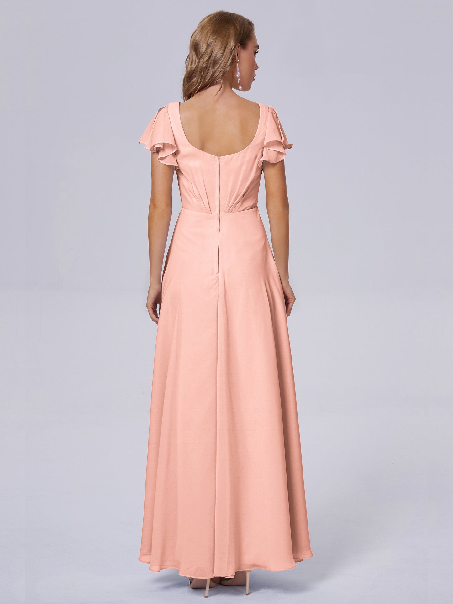 Genevieve V Neck Chiffon Long Bridesmaid Dresses with Sleeves