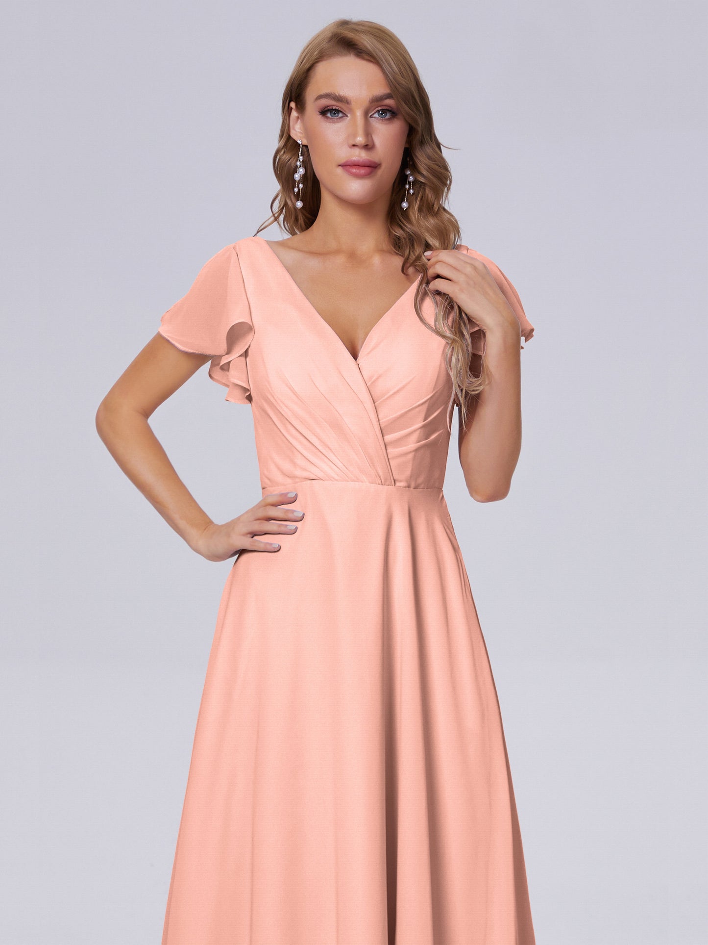 Genevieve V Neck Chiffon Long Bridesmaid Dresses with Sleeves