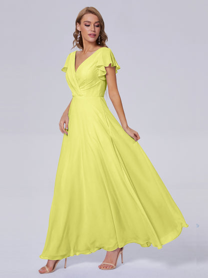 Genevieve V Neck Chiffon Long Bridesmaid Dresses with Sleeves
